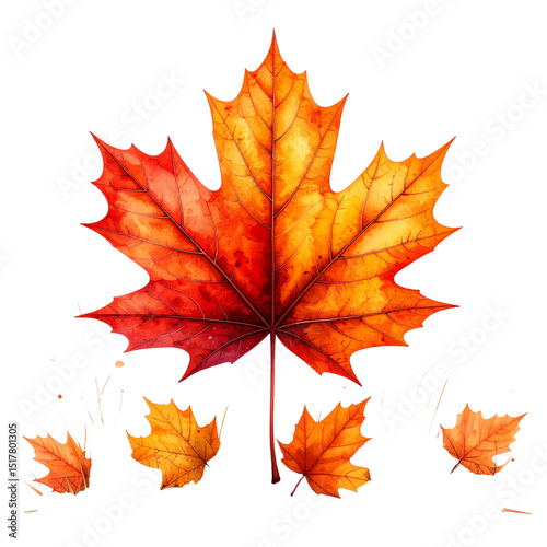 A vibrant maple leaf with deep red and orange hues, showcasing detailed veins and a natural autumnal texture, accompanied by four smaller similarly colored leaves