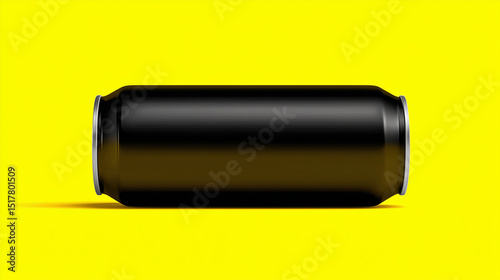 Black Aluminum Beverage Can on Bright Yellow Background