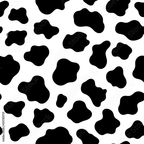 Cow print pattern featuring irregular black spots of various shapes and sizes on a white surface, commonly used in fashion and design for a distinctive look
