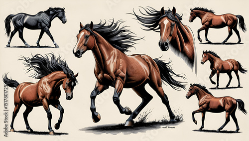 Engraved horse drawings set, showcasing galloping wild horses and equine breeds like mustangs, in classic retro sketch style, vintage hand-drawn animal vector art