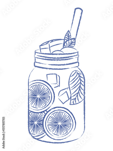 Summer lemonade in glass jar. Sweet fresh drink with citrus slices, tube and ice cubes. Vector pen drawn vintage element