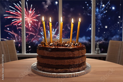 Festive Cake Happy Birthday with Burning Candles, Card copy Space. AI Generative