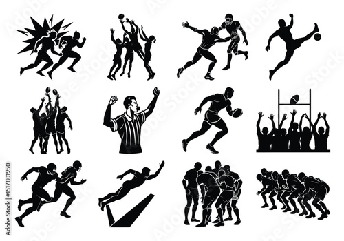Rugby sports athlete silhouettes, rugby silhouettes, Rugby action group poses silhouette
