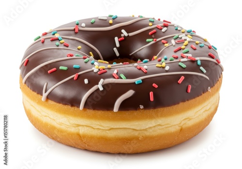 Delicious chocolate donut with sprinkles on a white background, sweet temptation photo