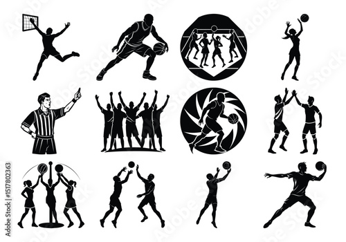 Basketball Silhouette Icons – Players, Referee, Slam Dunks, Team Plays & Court Actions