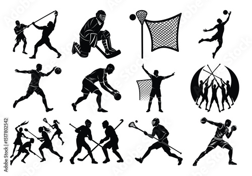 Silhouette Icons of Lacrosse and Ball Sports Players in Dynamic Game and Action Poses