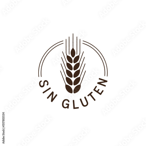 A stylized wheat stalk is centered above the Spanish words SIN GLUTEN encircled by a simple line design.