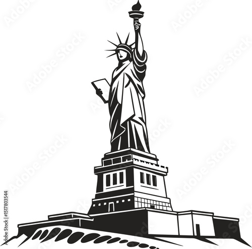 This vector illustration shows the Statue of Liberty, a symbol of freedom in New York, USA, with its iconic torch against the sky