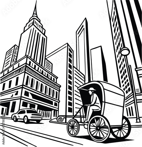 A vintage bicycle, a vehicle for urban transport, stands on a city street near old buildings, a sketch of city life