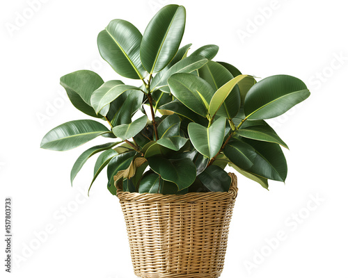  A fed male rubber plant in a rattan basket, isolated on a transparent background, 