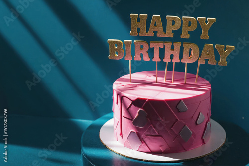 Festive Cake Happy Birthday with Burning Candles, Card copy Space. AI Generative