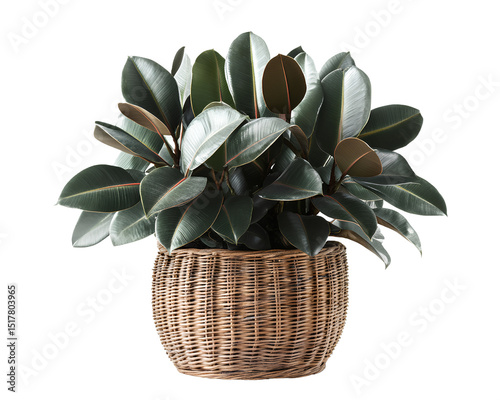 A fed male rubber plant in a rattan basket, isolated on a transparent background,