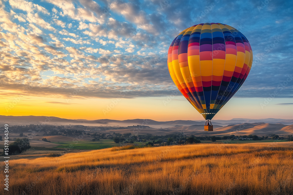 Fototapeta premium Hot air balloon rising above a vast open field at dawn. Generative AI