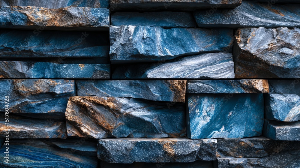 A close-up picture shows a blue wall made of rough, rectangle-shaped stones. They fit together in a pattern, giving the wall a modern design. A close-up picture shows a blue wall made of rough, rectangle-shaped stones. They fit together in a pattern, giving the wall a modern design.
