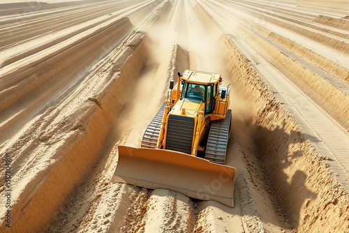 Large bulldozer cutting through sand dunes, stylized graphic style, desert background, concept of industrial machinery in harsh environments, Ai generative