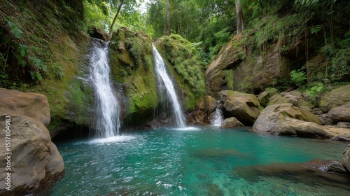 Twin waterfalls flow into a turquoise pool, surrounded by lush rainforest. Nature's serene beauty in a tropical paradise.