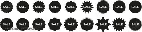 Black Sale Labels Collection. Sale labels in starburst shapes for promotions, discounts, and marketing materials. Vector EPS 10