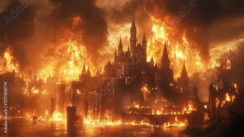 An epic castle burns in a massive firestorm, engulfed in flames and thick smoke. The apocalyptic scene captures destruction, chaos, and medieval devastation as the fortress collapses into fiery ruin.