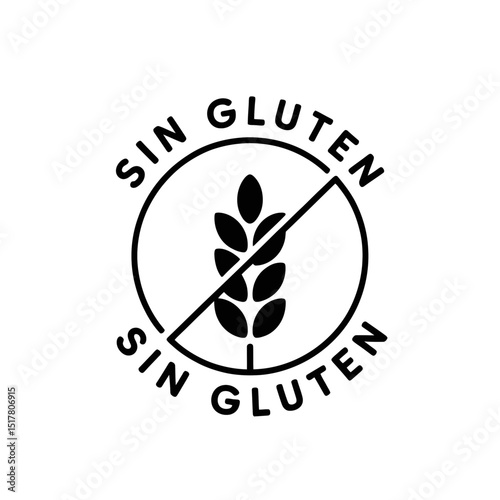 A black  circular symbol features a grain stalk with a diagonal line crossing through it, indicating a gluten-free designation SIN GLUTEN