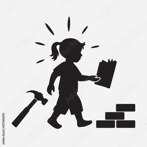 Silhouette illustration of a child building a structure with a hammer and blocks