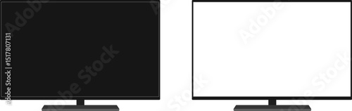 Monitor Mockup Pair – Black and White Display Set. Mockups in black and white variants with blank screens for web, UI, or tech product display. Vector EPS 10