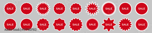 Red SALE Labels with White Border. Promo Tag Pack. Labels with white border outlines, starburst and wavy shapes, perfect for seasonal sales and special offers. Vector EPS 10