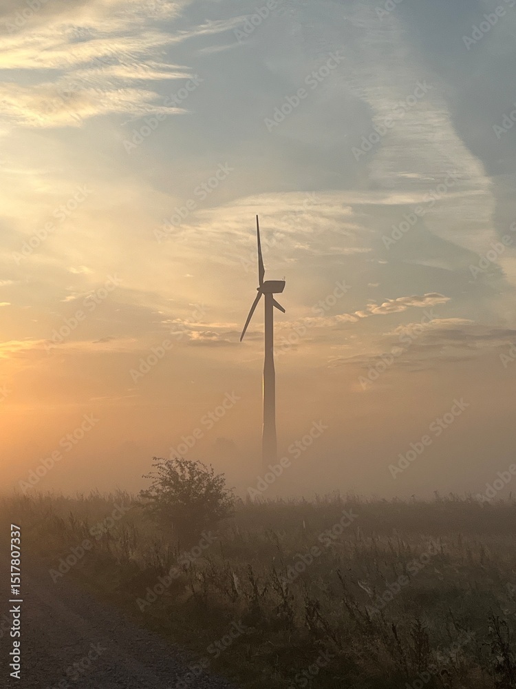 Obraz premium wind turbine in the field in the sunrise a foggy morning