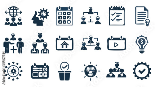 Collaboration icons showcase teamwork meetings project planning and global connections in hand drawn blue glyphs on