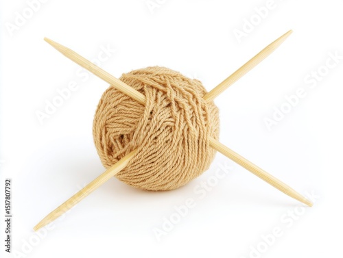Colorful ball of yarn with knitting needles on white background
