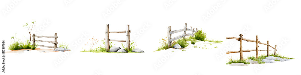 Naklejka premium Natural wooden fences adorned with lush greenery and stones, blending rustic charm with pastoral beauty for agricultural and decorative uses