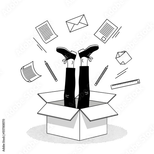 Black and White Illustration of Legs in a Box Surrounded by Office Supplies