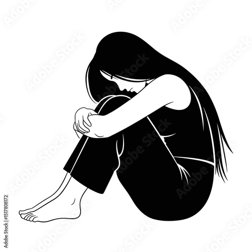 Black and White Illustration of a Sad Woman Sitting Alone