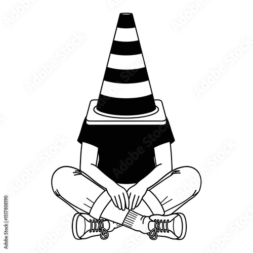 Black And White Line Art Illustration Of Person Sitting With Traffic Cone Head