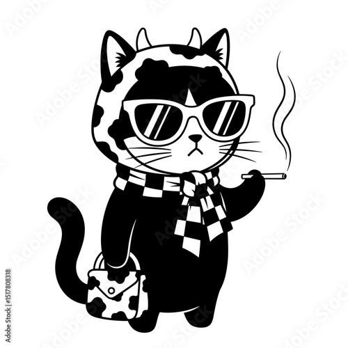 Cool Cat in Black and White Illustration Wearing Sunglasses and Scarf