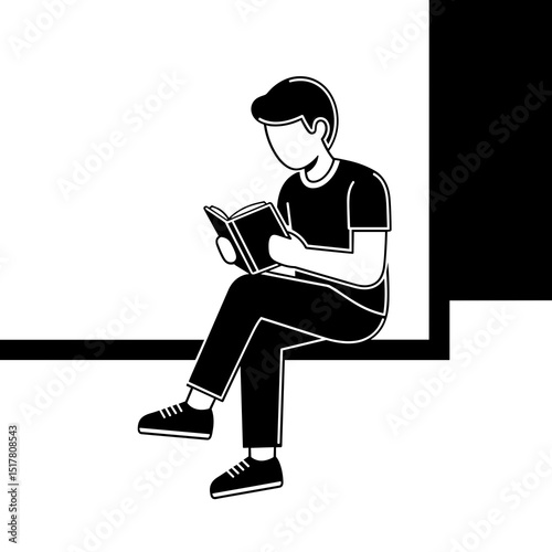 Monotone Illustration of a Man Reading a Book While Sitting