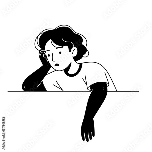 Pensive Young Woman Leaning on Table Black and White Line Art Illustration