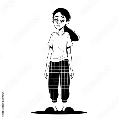 Sad Young Woman Illustration Black and White Minimalist Drawing