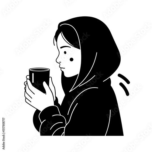 Silhouette of a Woman in a Black Hooded Coat Holding a Cup