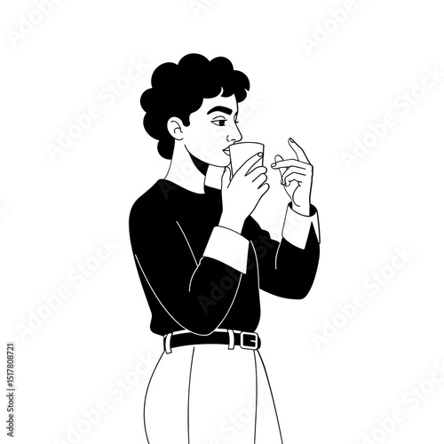 Stylish Monochrome Illustration of a Young Man Drinking from a Mug