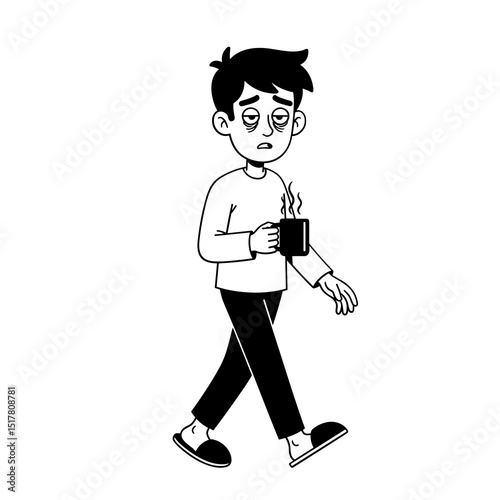 Tired Man Walking with Coffee Cup Black and White Illustration