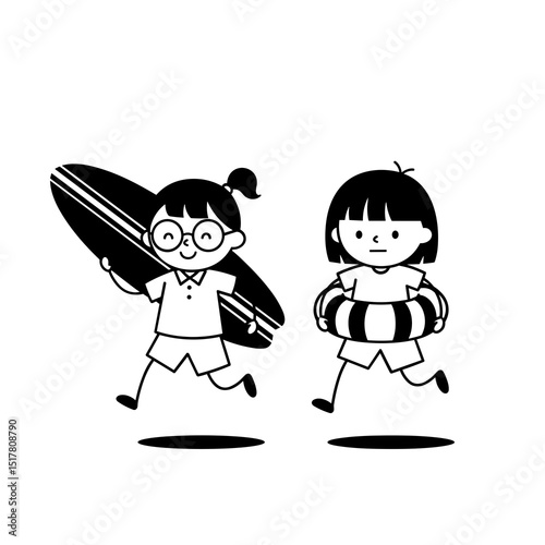 Two Girls Running Towards Beach One Carrying Surfboard Other Holding Inflatable Ring Black and White Illustration