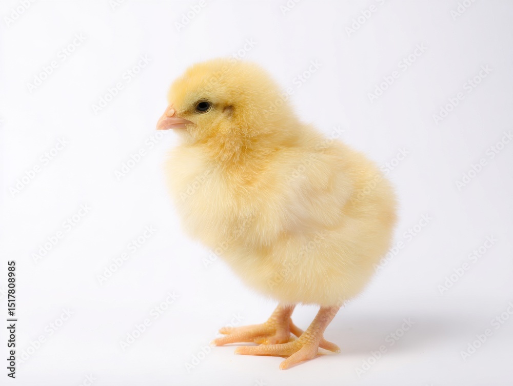 Cute fluffy yellow chick standing on white background

