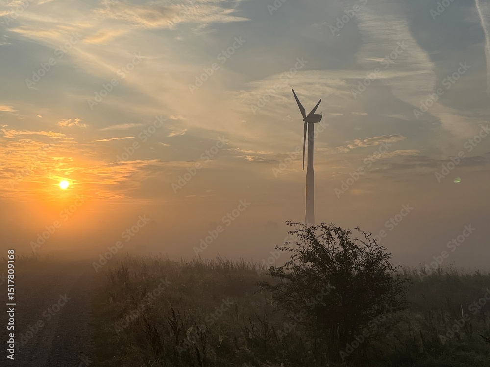 Obraz premium wind turbine in the field in the sunrise a foggy morning