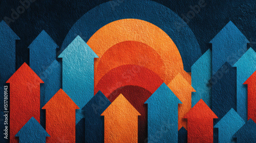 Abstract shapes and upward arrows representing growth create vibrant and dynamic visual. interplay of colors evokes sense of optimism and progress
