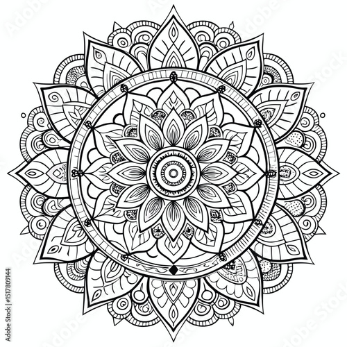 Intricate Floral Mandala Design for Coloring Books and Relaxation Therapy