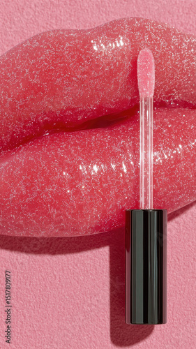 Clear lip gloss wand is positioned front of glossy, shimmering pink lips, creating vibrant and appealing composition. image captures essence of beauty and glamour, perfect for cosmetic promotion