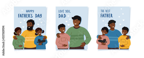 Fathers day concept posters. Set of greeting cards with father and children. Concept of family, holiday celebration. Vector hand drawn backgrounds.