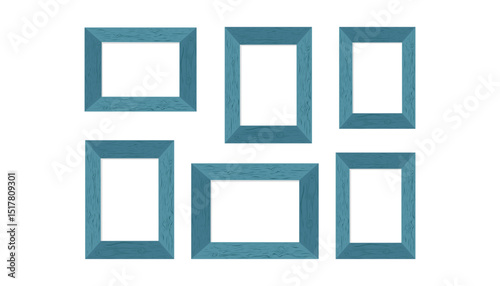 Set of wooden blue photo frames cliparts isolated on white background. Photo frame mockups. Vector illustration. 