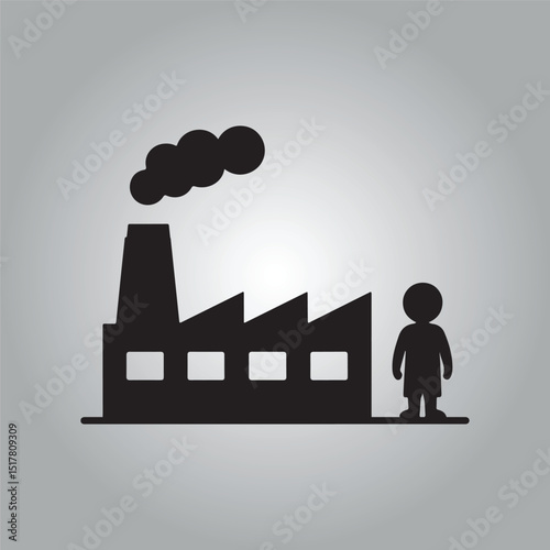 Silhouette illustration of a factory building with a person standing nearby producing pollution