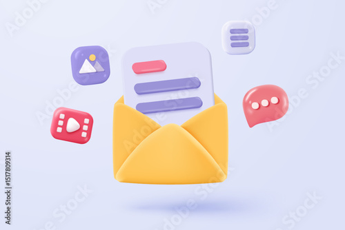 3D media data with video and photo management. Searching image and video files in gallery library. Document management soft database, document form. 3d multimedia file icon vector render illustration